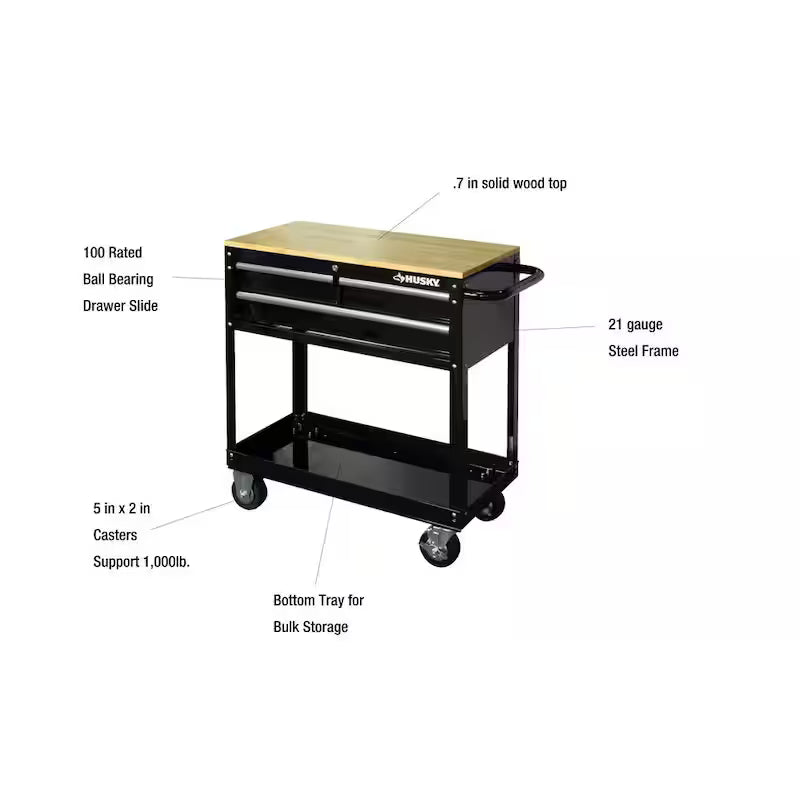 3-Drawer Gloss Black Rolling Tool Cart with Hardwood Top L610810