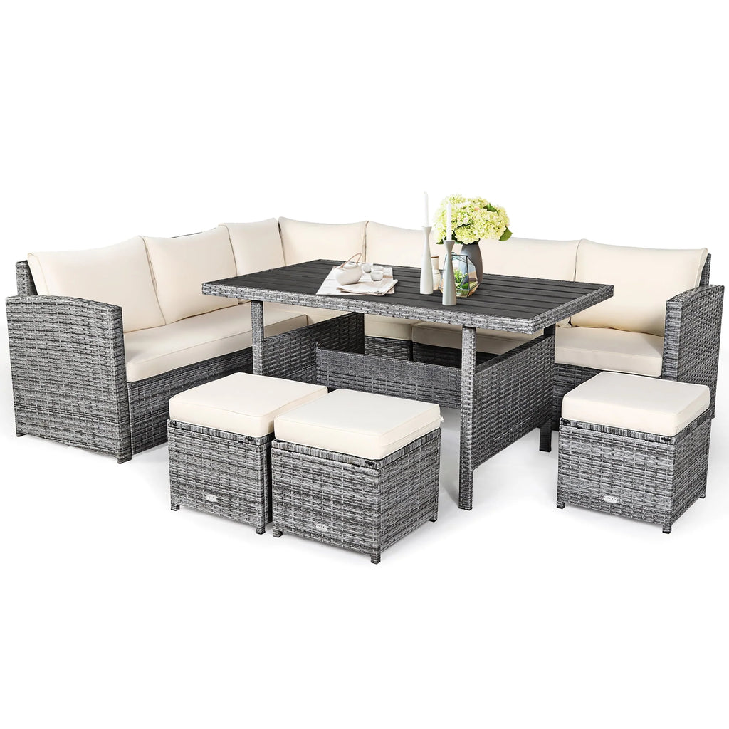 7 Pcs Patio Rattan Dining Set Sectional Sofa Couch Ottoman Black P250