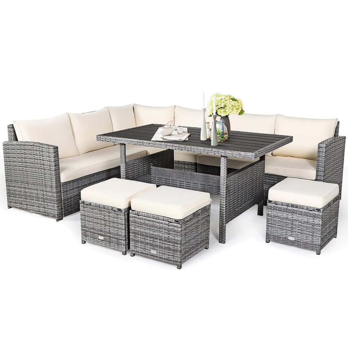 7 Pcs Patio Rattan Dining Set Sectional Sofa Couch Ottoman Black P250