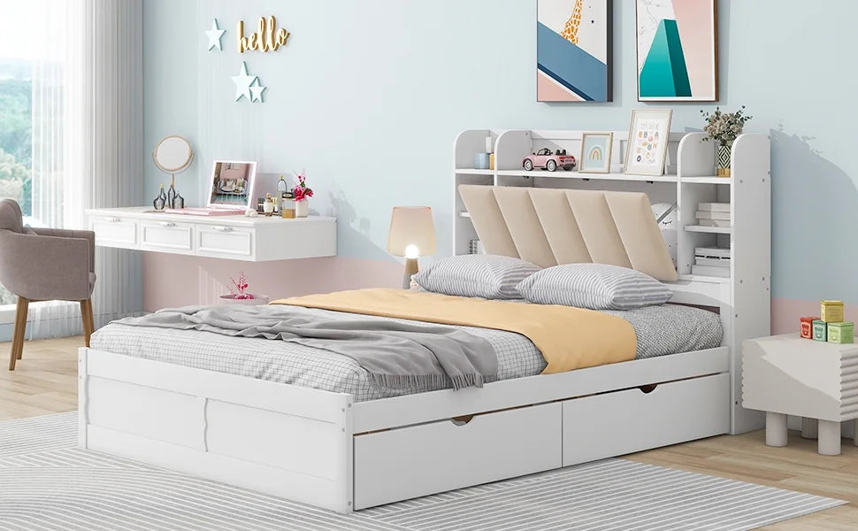 White Wood Queen Size Platform Bed with Storage Headboard and Four Drawers K92223