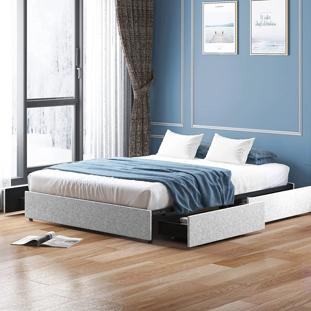 Cal King Size Platform Bed Frame with 4 Storage Drawers Cotton Linen Fabric T177372