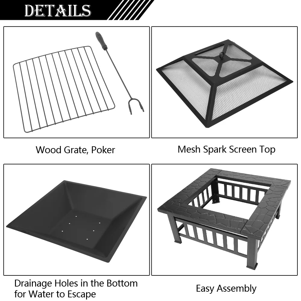 32" Outdoor Metal Square Fire Pit M8953