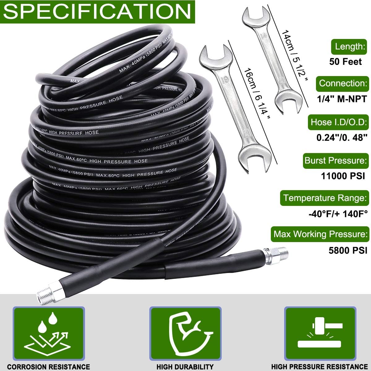Sewer Jetter Kit 50FT, 5800PSI Drain Cleaner Hose 1/4 Inch NPT, Sewer Jetting Nozzle with Spanner Waterproof Tape P523660
