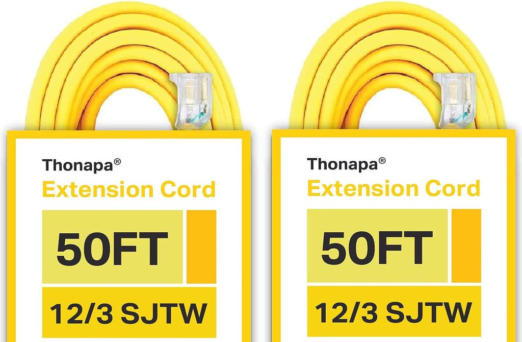 10 Foot Lighted Outdoor Extension Cord, 12/3 SJTW Heavy Duty Yellow Extension Cable with 3 Prong Grounded Plug G57734