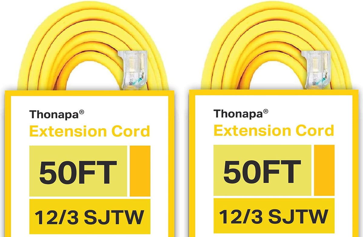 10 Foot Lighted Outdoor Extension Cord, 12/3 SJTW Heavy Duty Yellow Extension Cable with 3 Prong Grounded Plug G57734
