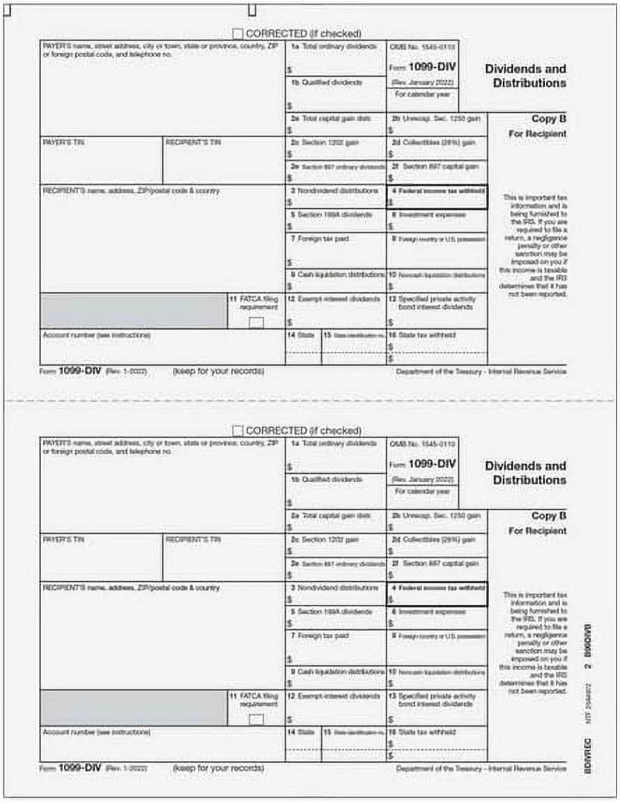 1099-DIV 4-Part Laser Tax Form Set D714