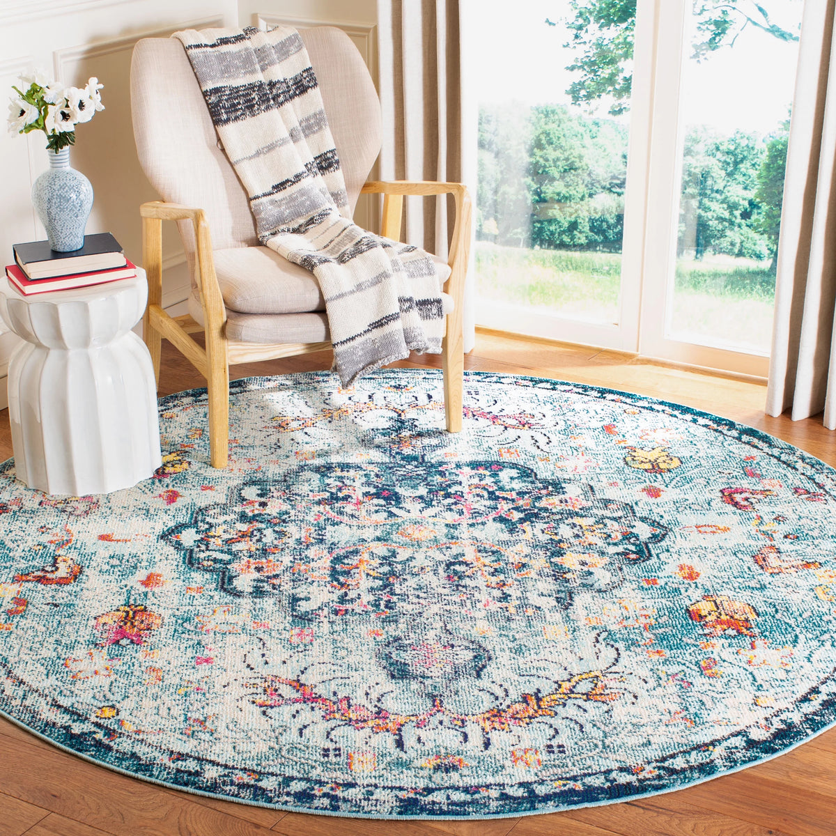 Navy Light Blue Vintage Floral Round Area Rug G24406