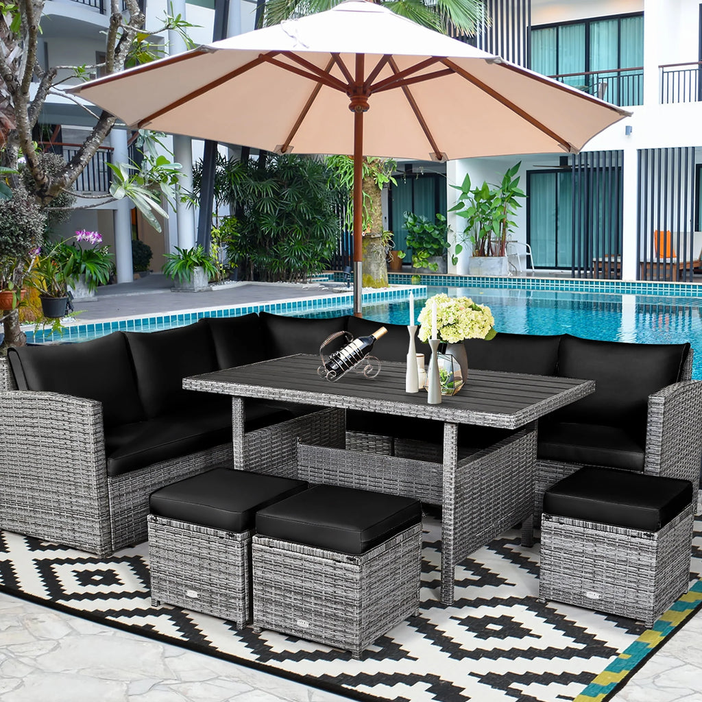 7 Pcs Patio Rattan Dining Set Sectional Sofa Couch Ottoman Black P250
