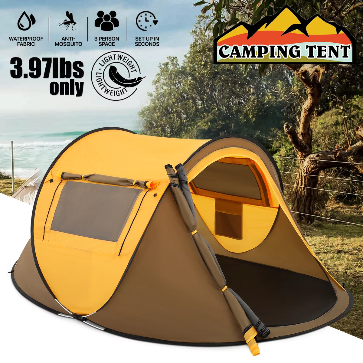 Yellow 3 Person Pop Up Tent with Carry Bag Q472410