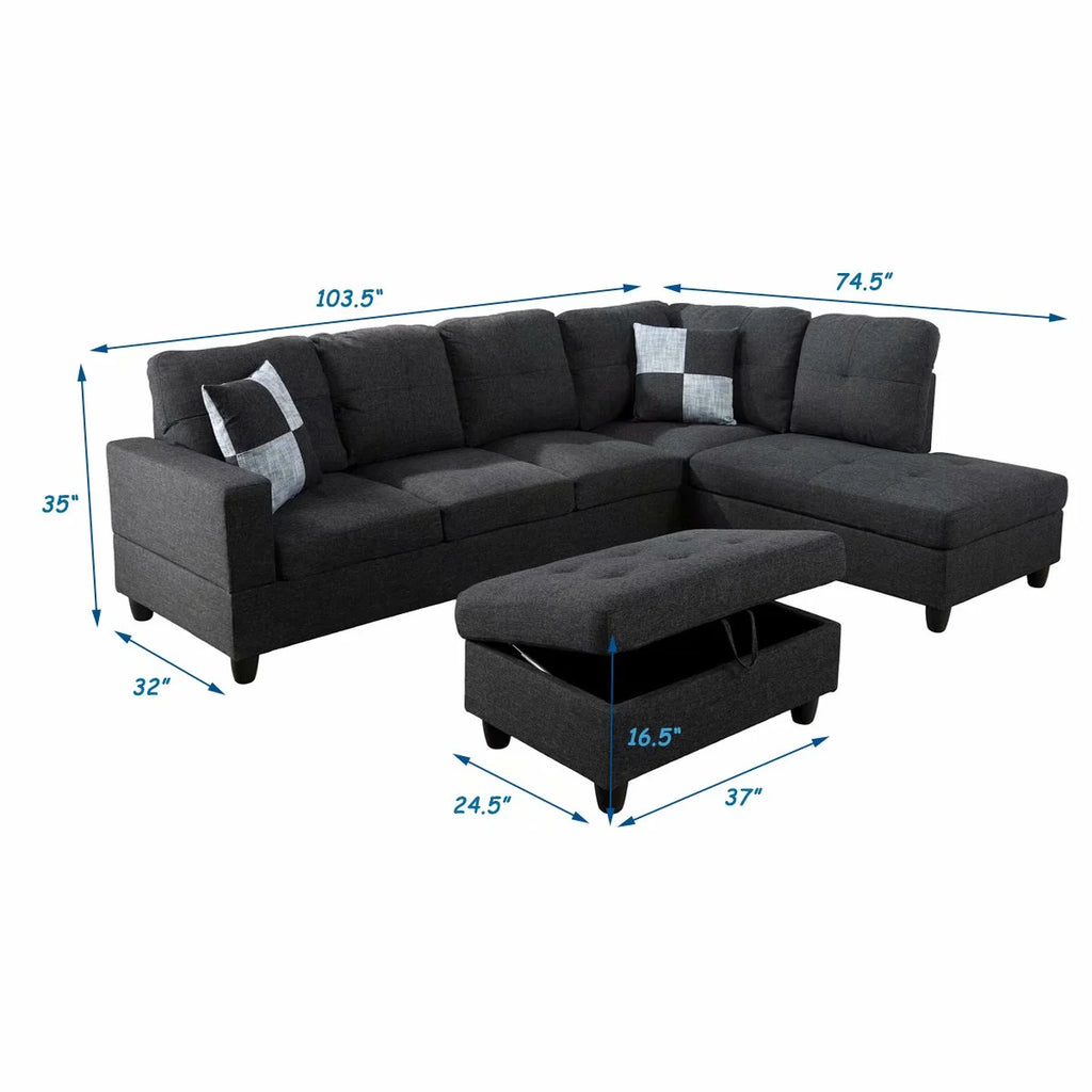 Black Grey 3PC Linen Sectional Sofa Set H329484