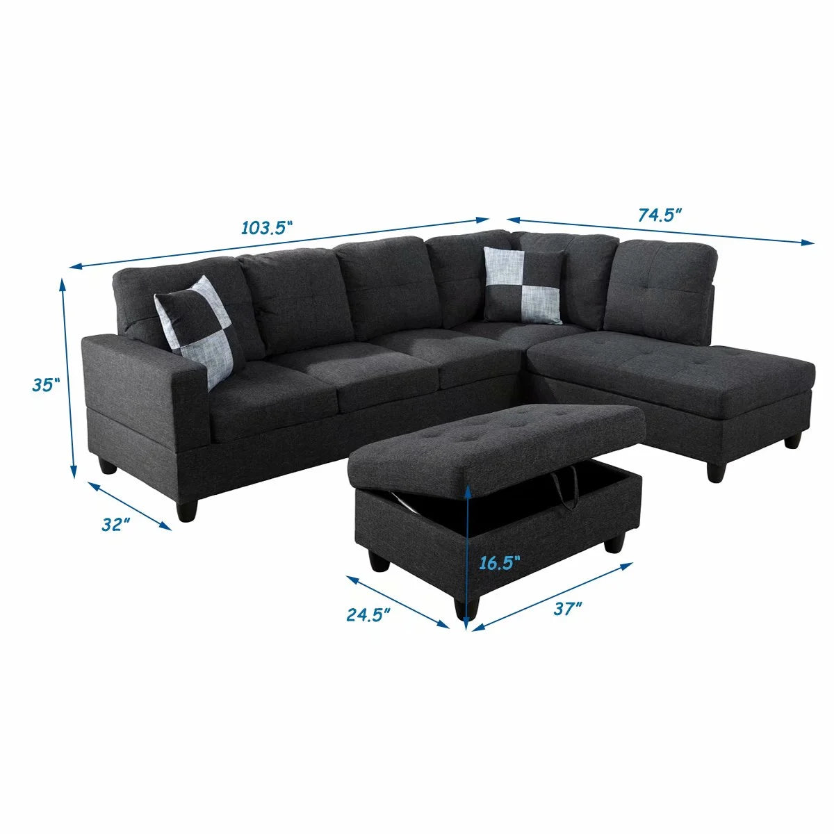 Black Grey 3PC Linen Sectional Sofa Set H329484