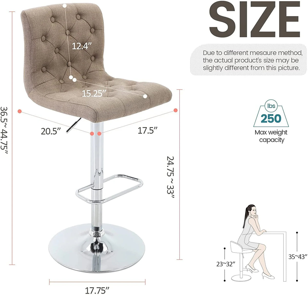 Tufted Swivel Bar Stool with Back, Fabric Upholstered Armless Bar Chair B67475