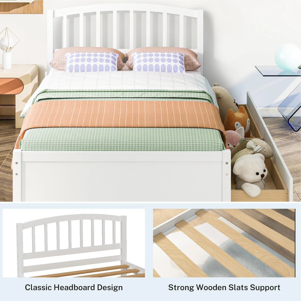 White Wood Twin Size Platform Bed with 2 Drawers Y2010