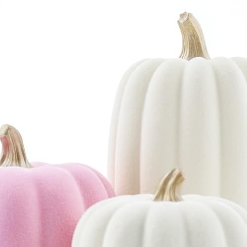 Pink and Beige Flocked Artificial Pumpkins Set 7 PCS N349