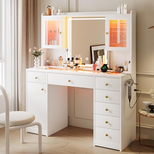 White Vanity Desk with Mirror and Lights, 7 Drawers, 3 Cabinets G515