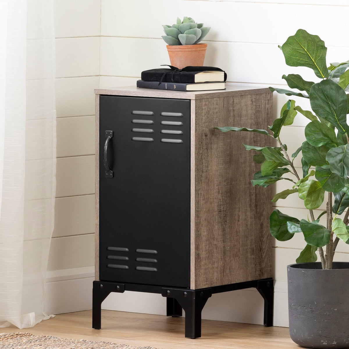 Weathered Oak and Matte Black 1-Door Nightstand R14703