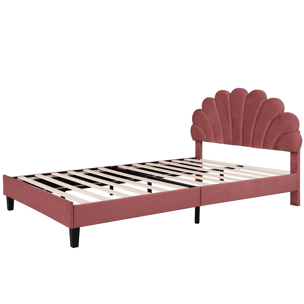Queen Size Velvet Upholstered Platform Bed Frame with Flower Pattern Headboard F993900