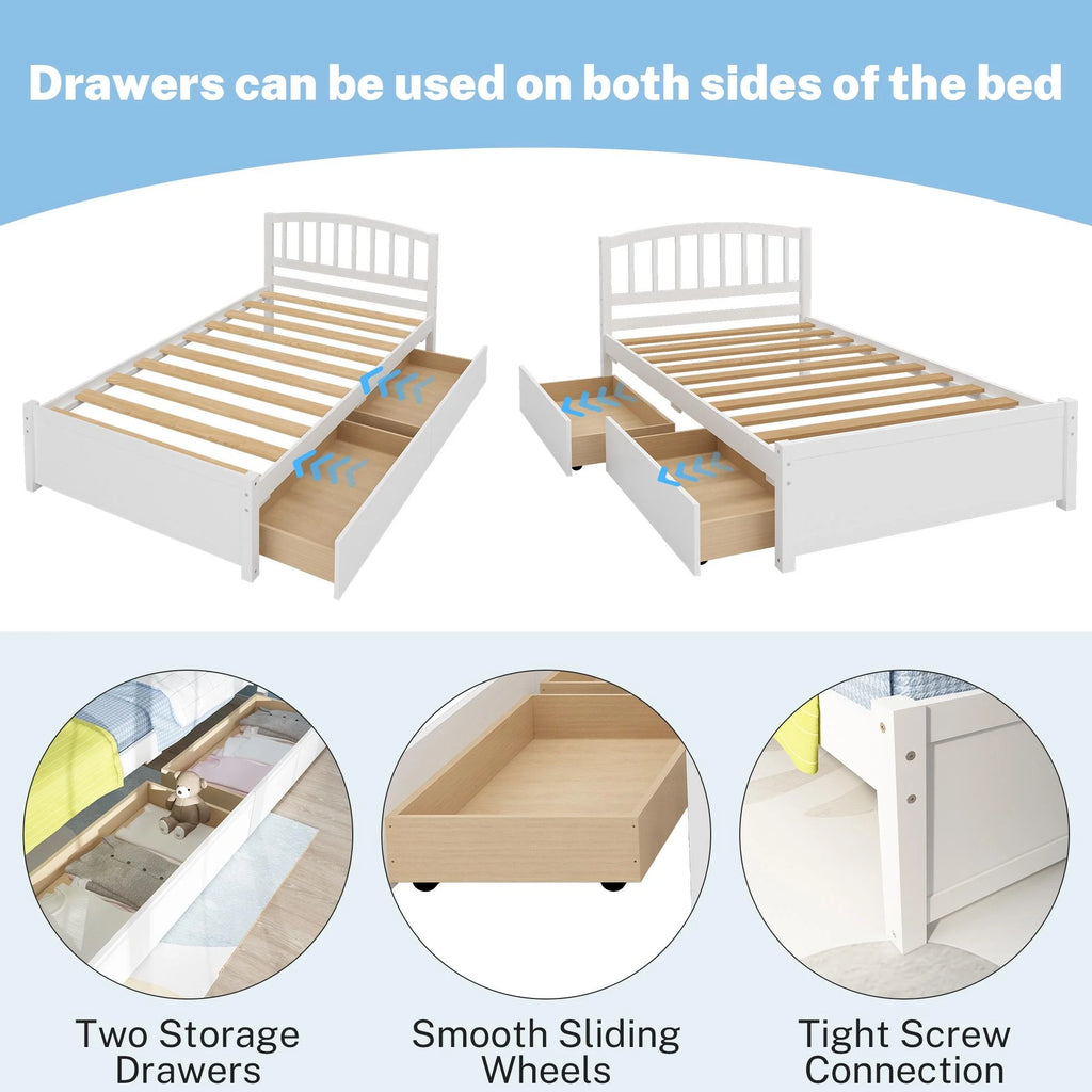 White Wood Twin Size Platform Bed with 2 Drawers Y2010